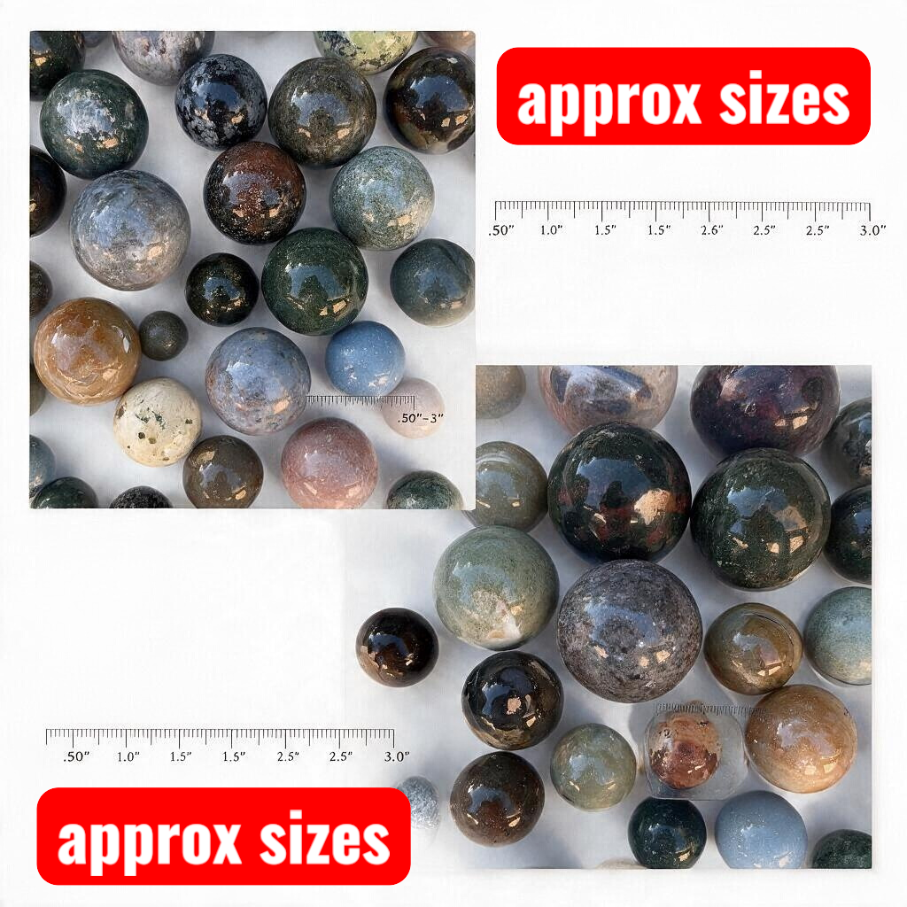Zebra Industries, LLC assorted polished natural stone spheres in various sizes and earth tones for crystal collection.