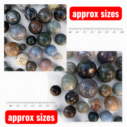 Zebra Industries, LLC assorted polished natural stone spheres in various sizes and earth tones for crystal collection.