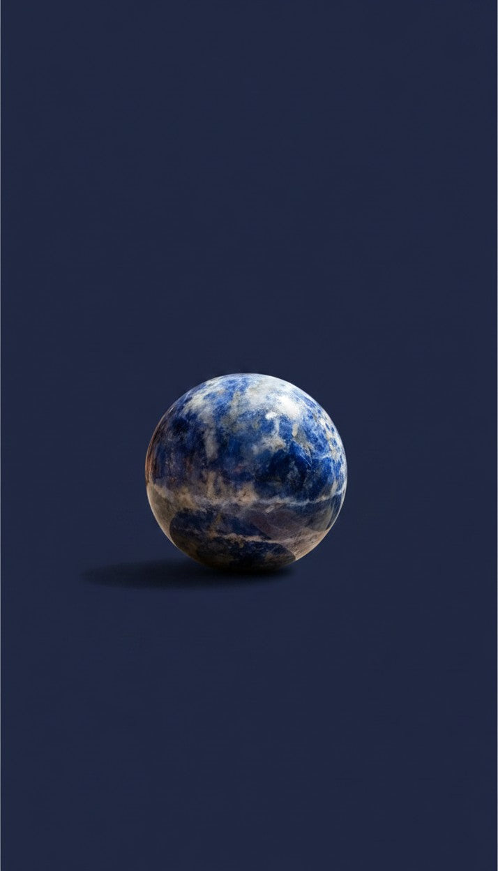 Zebra Industries, LLC polished sodalite sphere with deep royal blue hues and white calcite veining on a dark background.