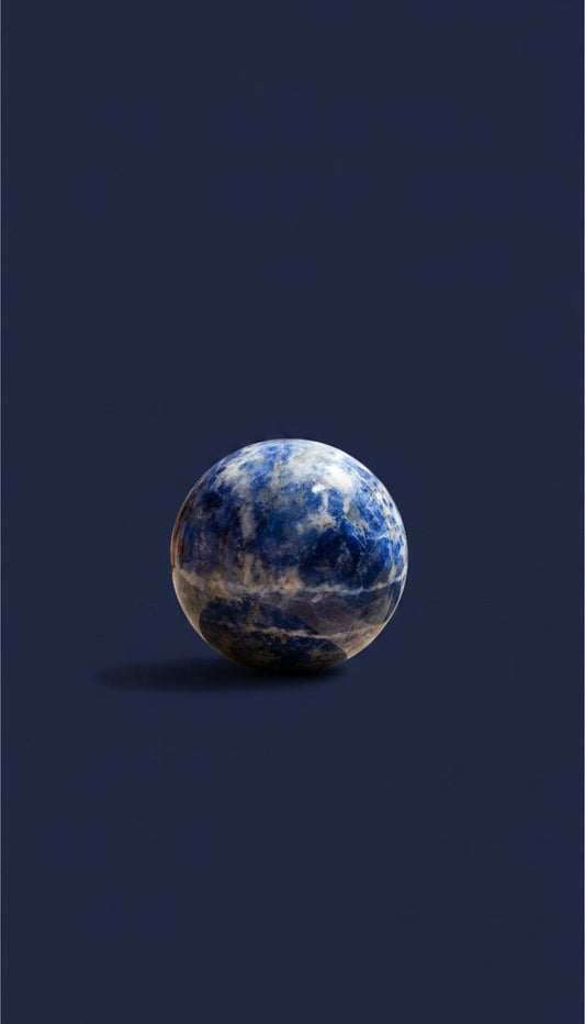 Zebra Industries, LLC polished sodalite sphere with deep royal blue hues and white calcite veining on a dark background.