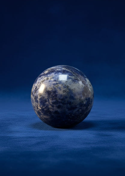 Zebra Industries, LLC polished sodalite sphere featuring deep royal blue mineral tones and white calcite veining.