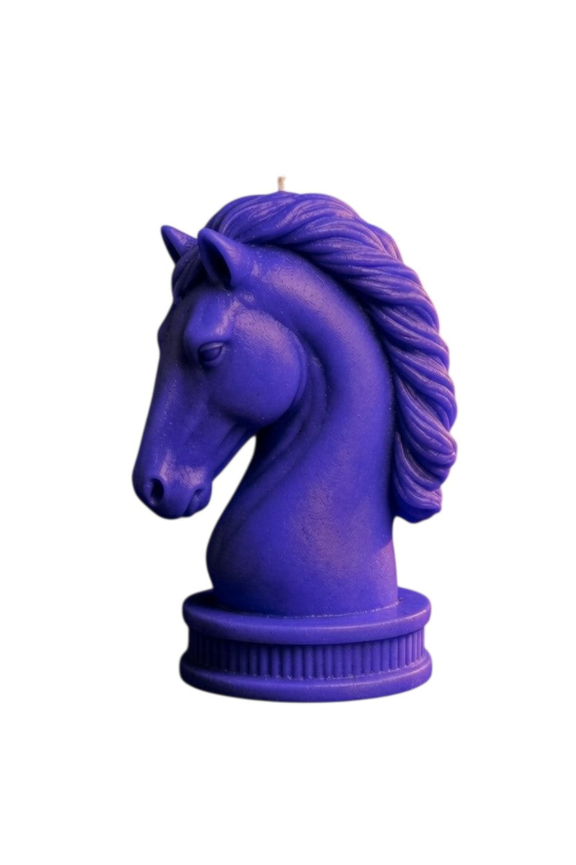 Zebra Industries, LLC EnZebra Stallion sculptural purple horse head candle on a round base, handmade wax art piece.