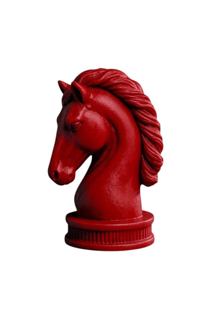 Zebra Industries, LLC red horse head sculptural candle on a round base with detailed mane and muscular features.