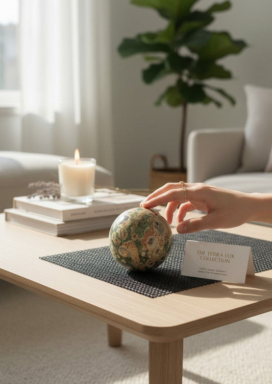 Zebra Industries, LLC polished orbicular rhyolite jasper sphere on a wooden table with a hand and candle in the background.