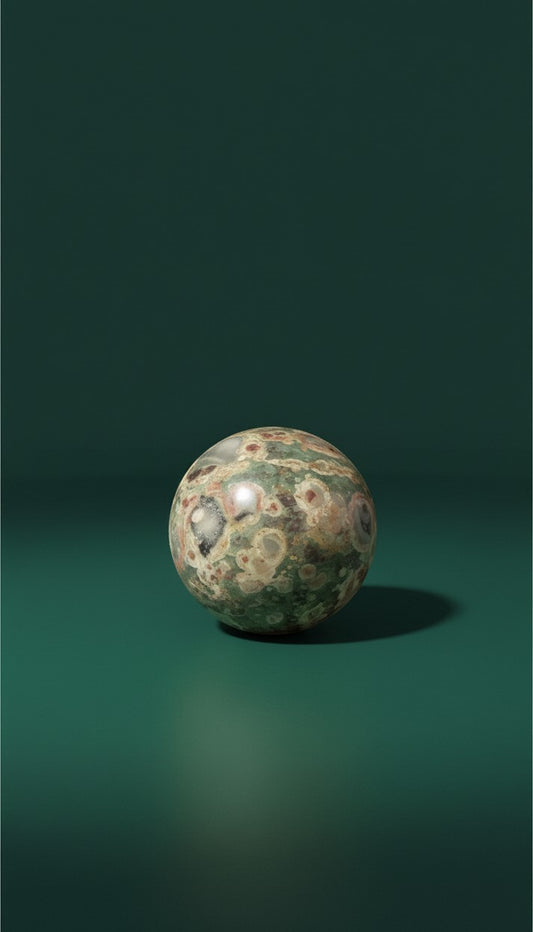 Zebra Industries, LLC polished orbicular rhyolite jasper sphere with green and brown natural stone patterns.