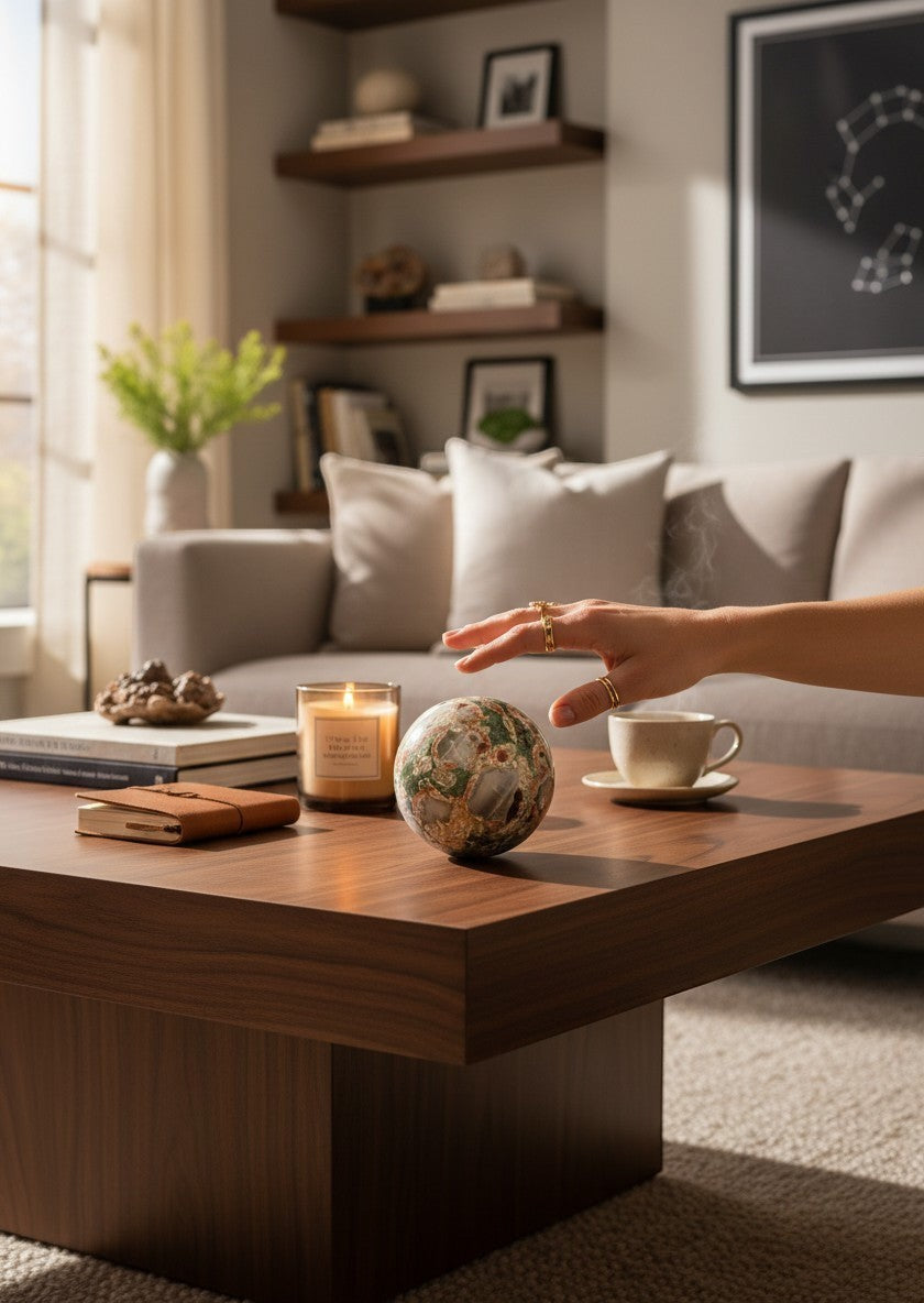 Zebra Industries, LLC polished orbicular rhyolite jasper sphere on a wooden coffee table in a cozy living room.