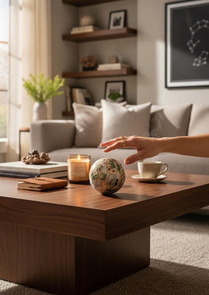 Zebra Industries, LLC polished orbicular rhyolite jasper sphere on a wooden coffee table in a cozy living room.