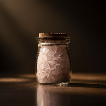 Zebra Industries, LLC glass jar filled with smooth pale pink rose quartz crystal chips and topped with a cork stopper.
