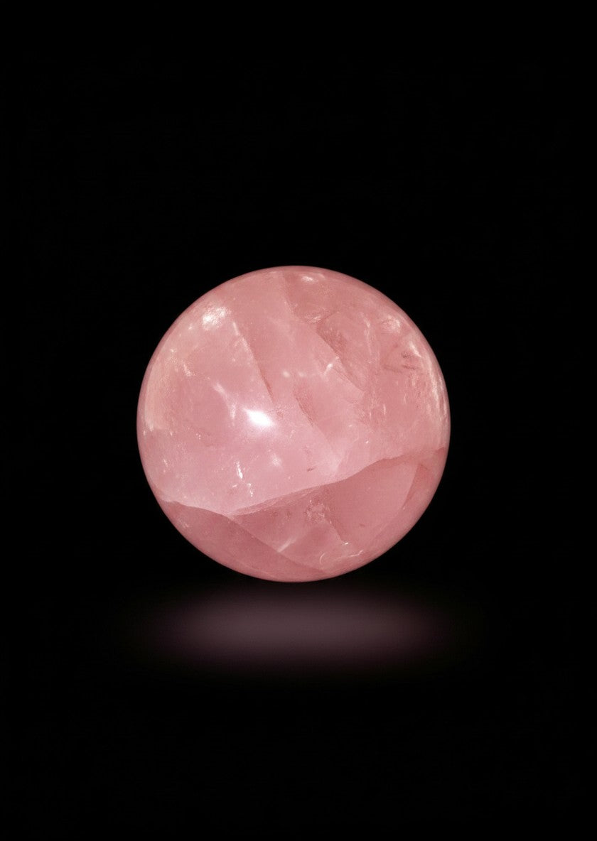 Zebra Industries, LLC polished rose quartz crystal sphere with natural inclusions on a black background