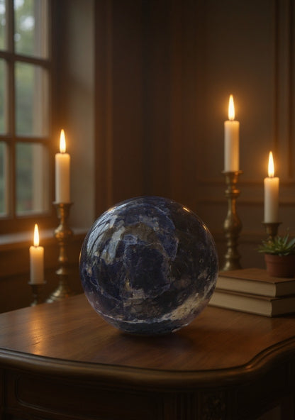 Zebra Industries, LLC polished sodalite sphere with deep blue hues and white calcite veining on a wooden table.