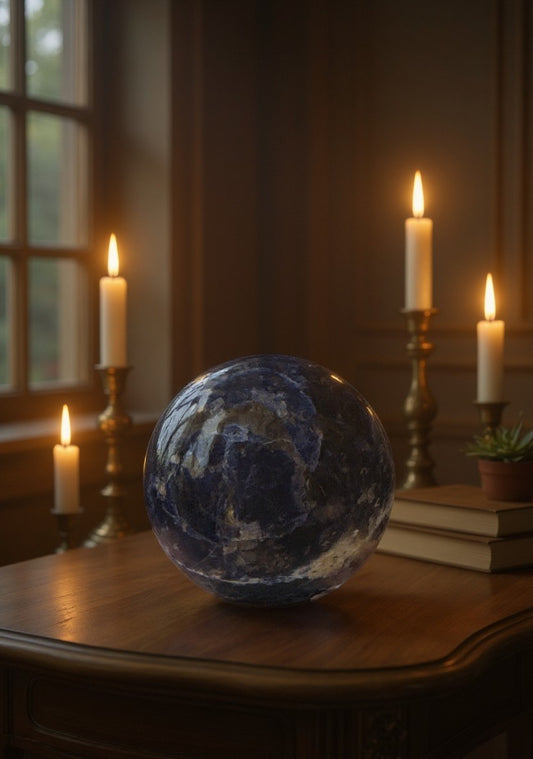 Zebra Industries, LLC polished sodalite sphere with deep blue hues and white calcite veining on a wooden table.