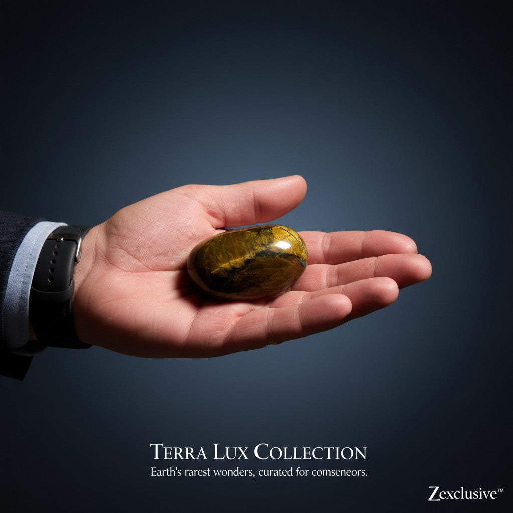 Zebra Industries, LLC polished golden-brown Tiger's Eye palm stone held in a hand showing chatoyant banding