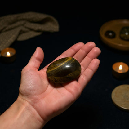 Zebra Industries, LLC polished Tiger's Eye palm stone with golden-brown chatoyant banding held in a hand.