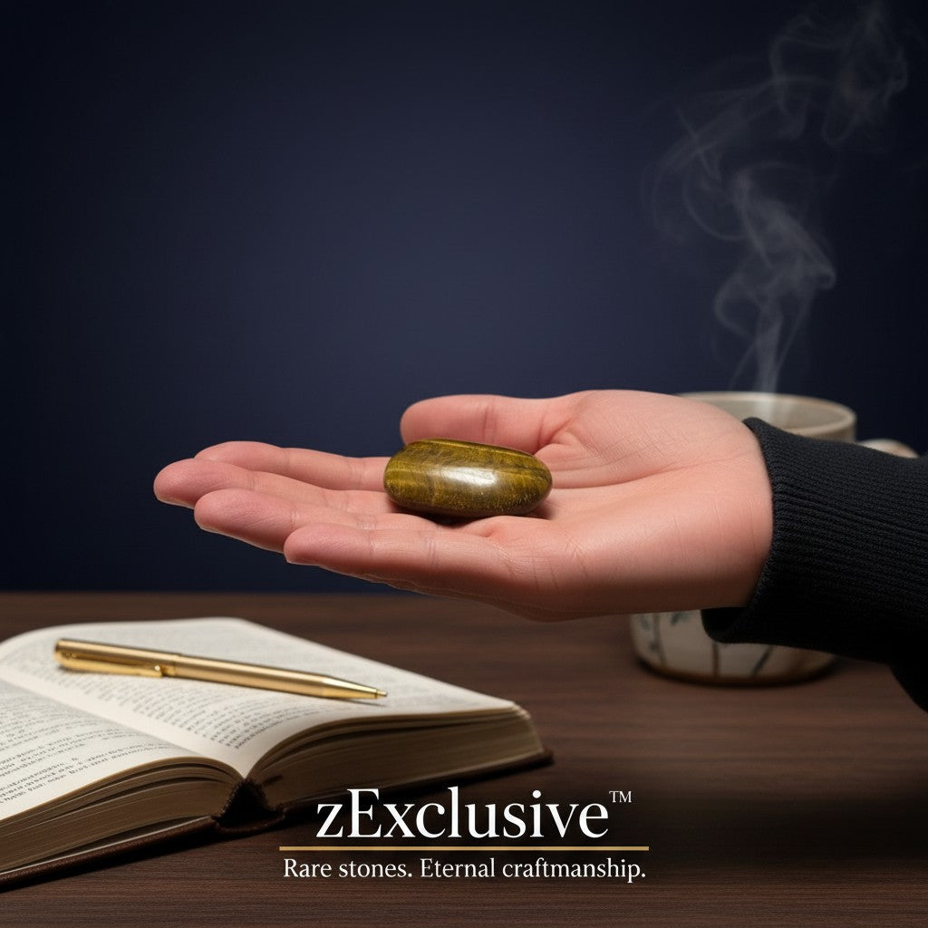 Zebra Industries, LLC polished golden-brown Tiger's Eye palm stone held in a hand over a desk with a book and pen.