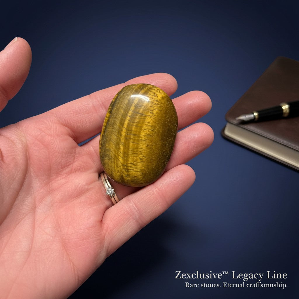 Zebra Industries, LLC polished Tiger's Eye palm stone with golden-brown chatoyant banding held in a hand.