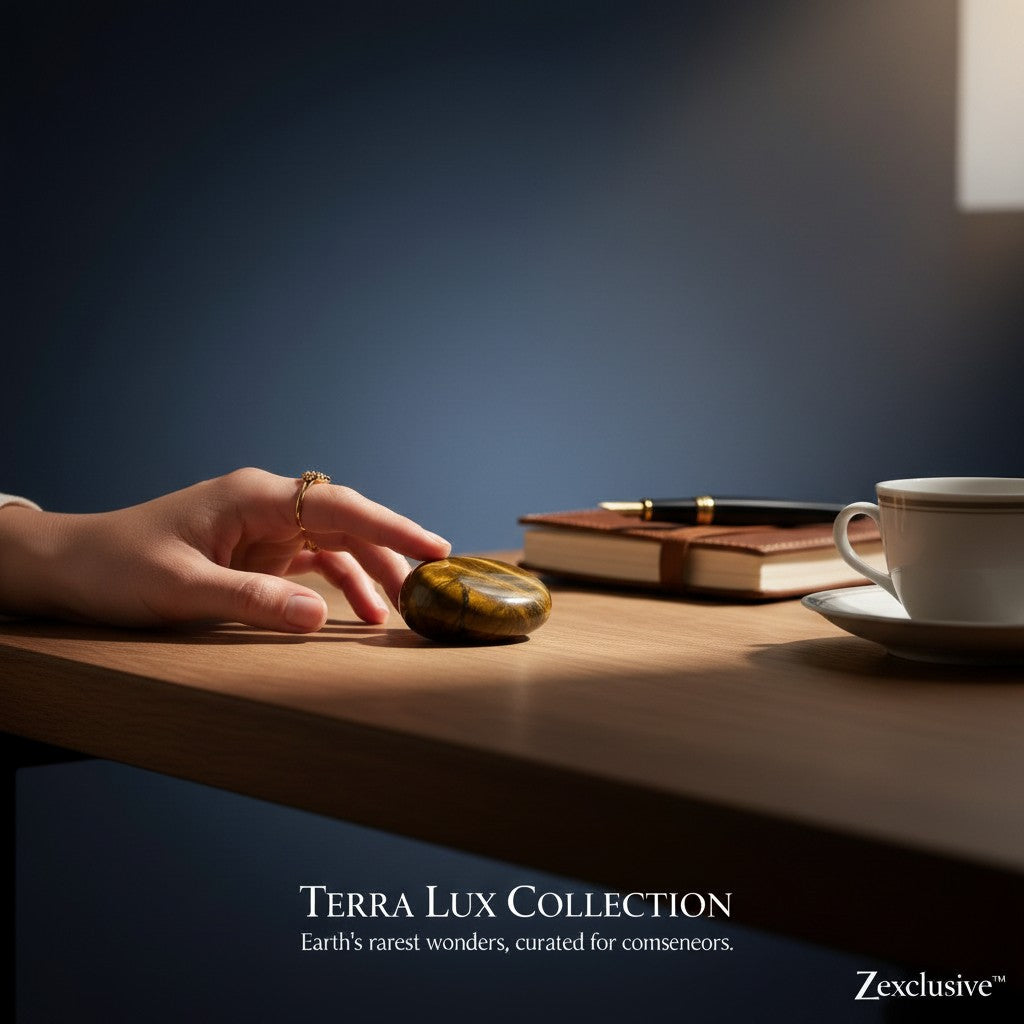 Zebra Industries, LLC polished golden-brown Tiger's Eye palm stone on a wooden desk next to a coffee cup and notebook.
