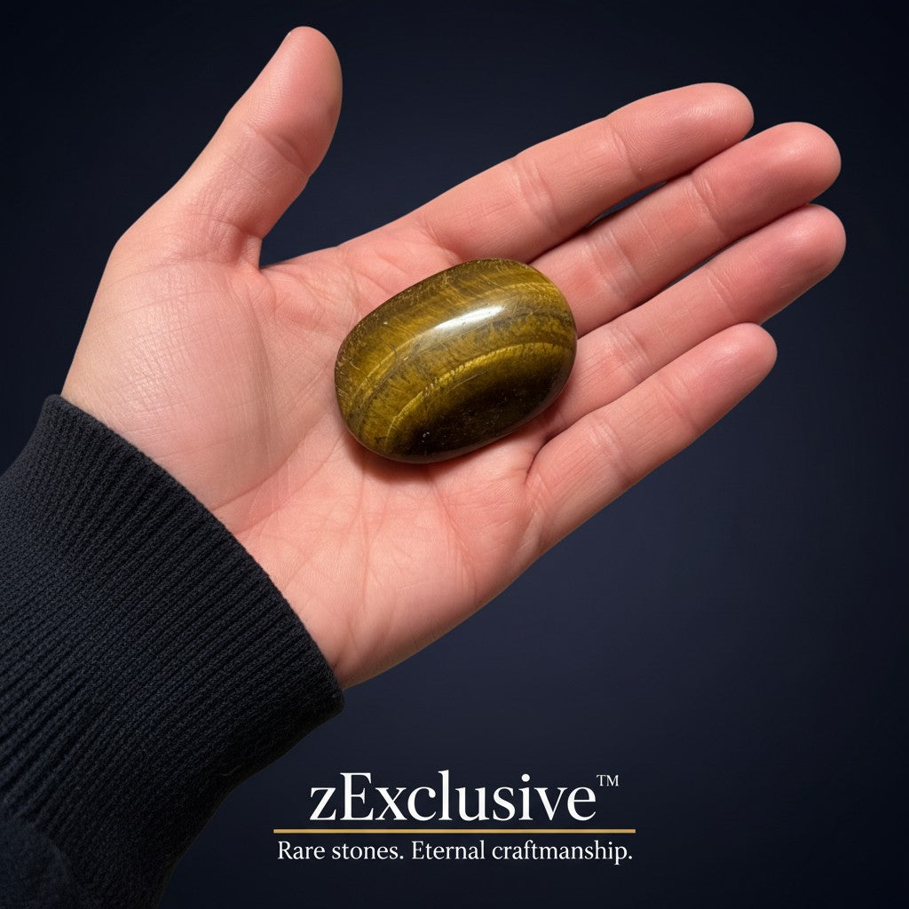 Zebra Industries, LLC polished Tiger's Eye palm stone with golden-brown chatoyant banding held in a palm.