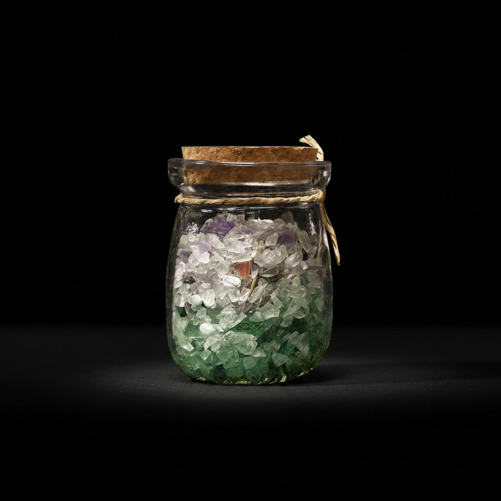 Zebra Industries, LLC glass jar filled with colorful tumbled mineral chips including quartz, jasper, and amazonite.