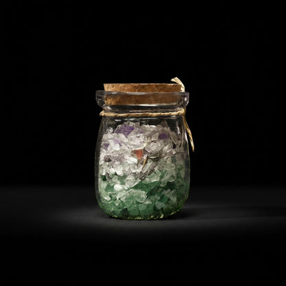 Zebra Industries, LLC glass jar filled with colorful tumbled mineral chips including quartz, jasper, and amazonite.