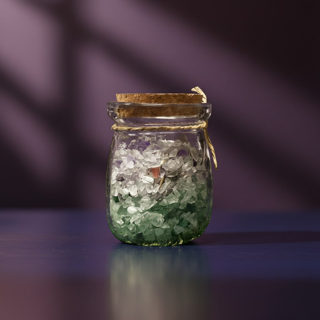 Zebra Industries, LLC glass jar filled with colorful tumbled mineral chips including jasper, quartz, and amazonite.