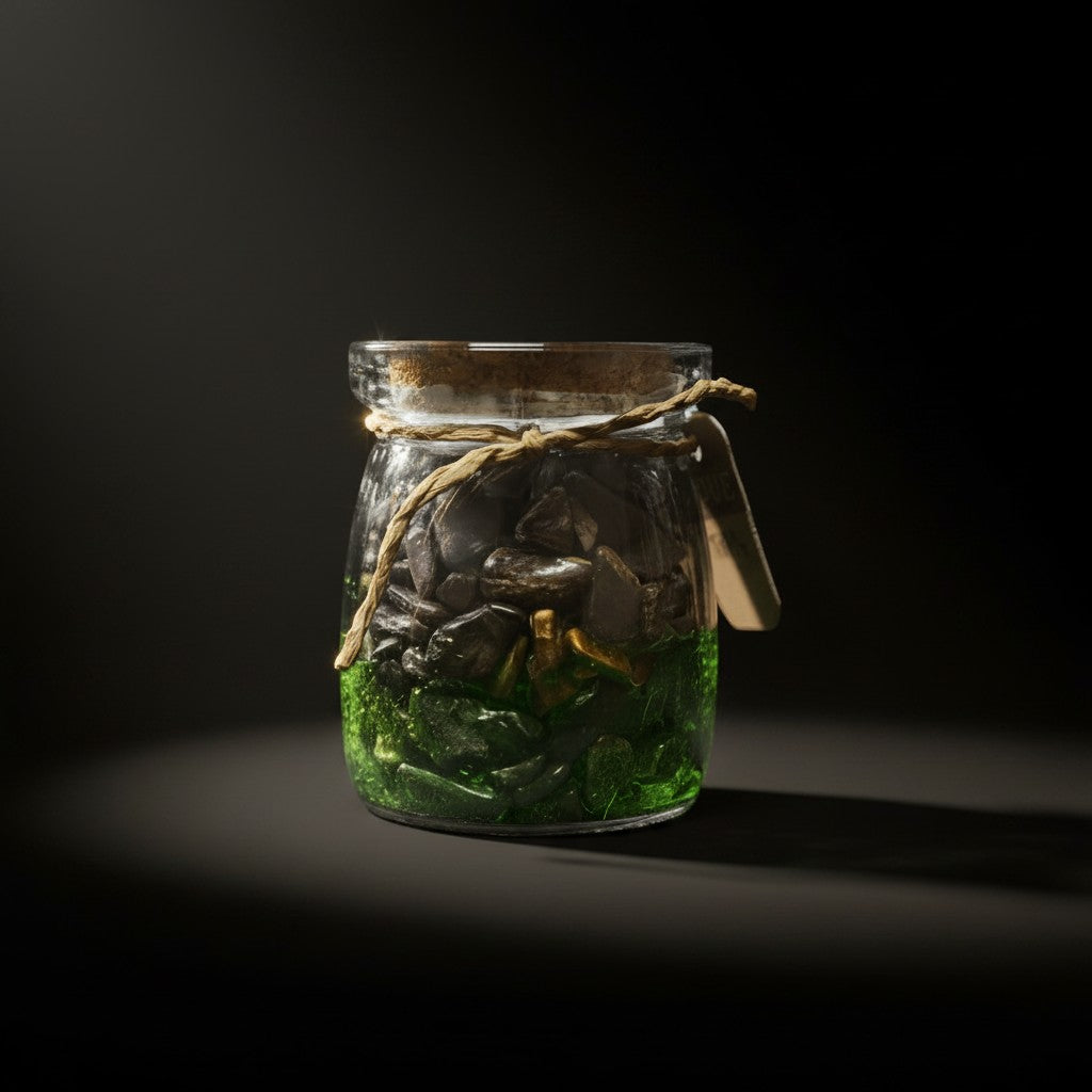 Zebra Industries, LLC glass jar filled with assorted tumbled mineral crystal chips including green and black stones.