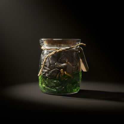 Zebra Industries, LLC glass jar filled with assorted tumbled mineral crystal chips including green and black stones.