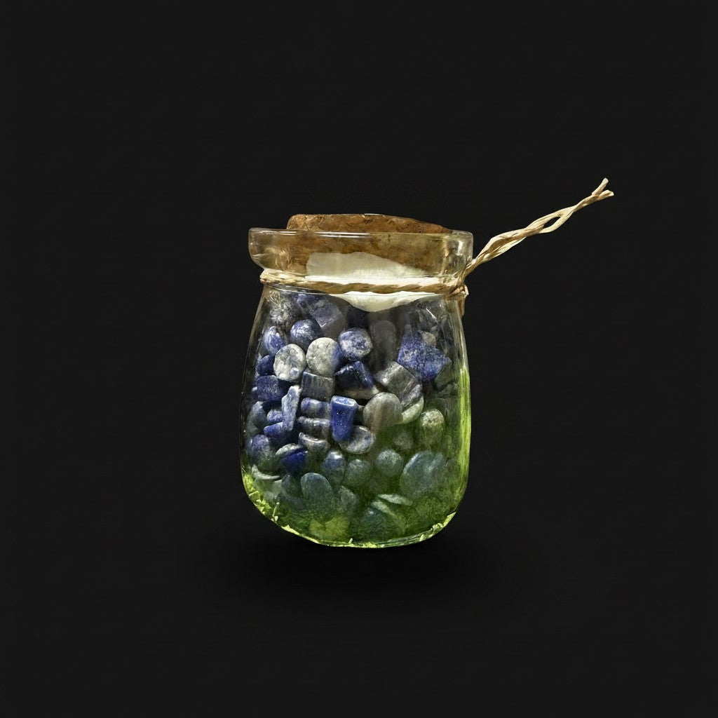 Zebra Industries, LLC glass jar filled with tumbled blue sodalite and mixed mineral crystal chips with a cork lid.