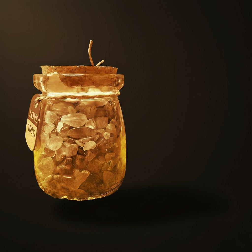 Zebra Industries, LLC glass jar filled with assorted tumbled crystal chips including jasper, quartz, and amazonite.