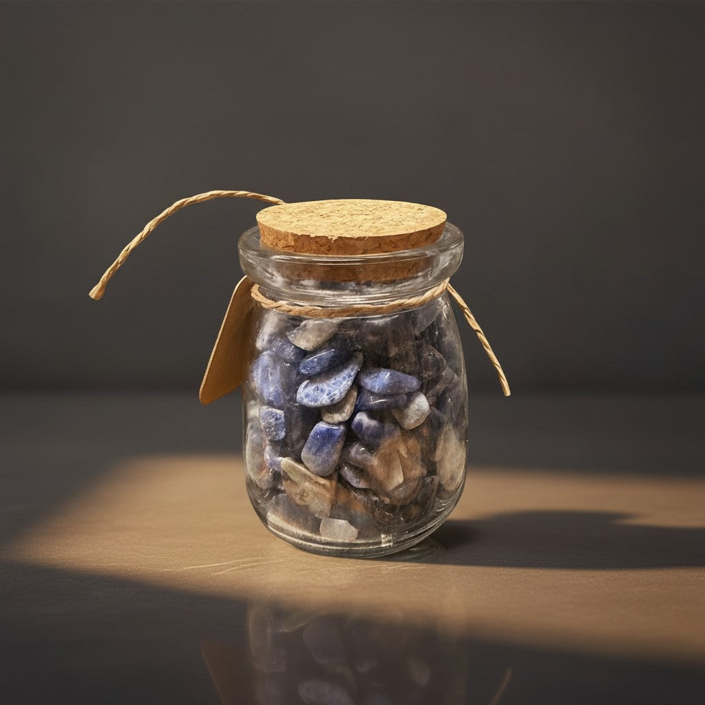 Zebra Industries, LLC glass jar filled with tumbled mineral chips including red jasper, sodalite, and quartz crystals.