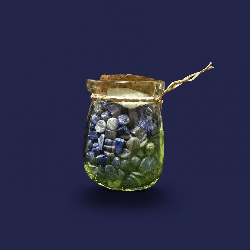 Zebra Industries, LLC glass jar filled with assorted tumbled mineral chips including jasper, sodalite, and quartz.
