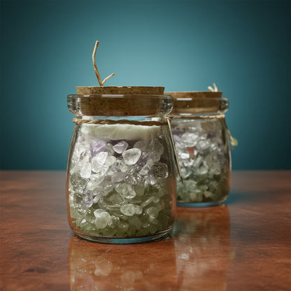 Zebra Industries, LLC corked glass jars filled with colorful tumbled mineral chips including jasper and quartz crystals.