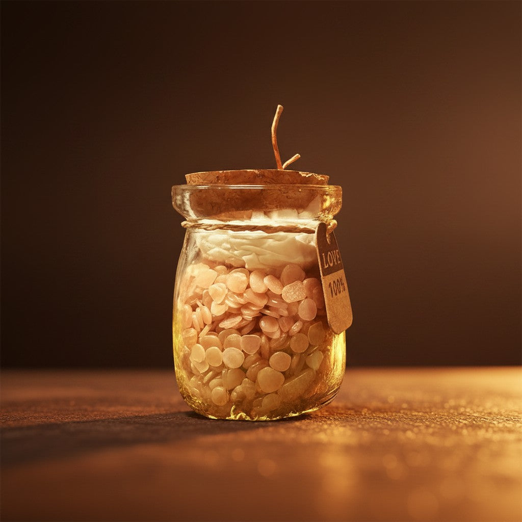 Zebra Industries, LLC glass jar filled with tumbled mineral chips and rose quartz discs with a cork stopper and tag.