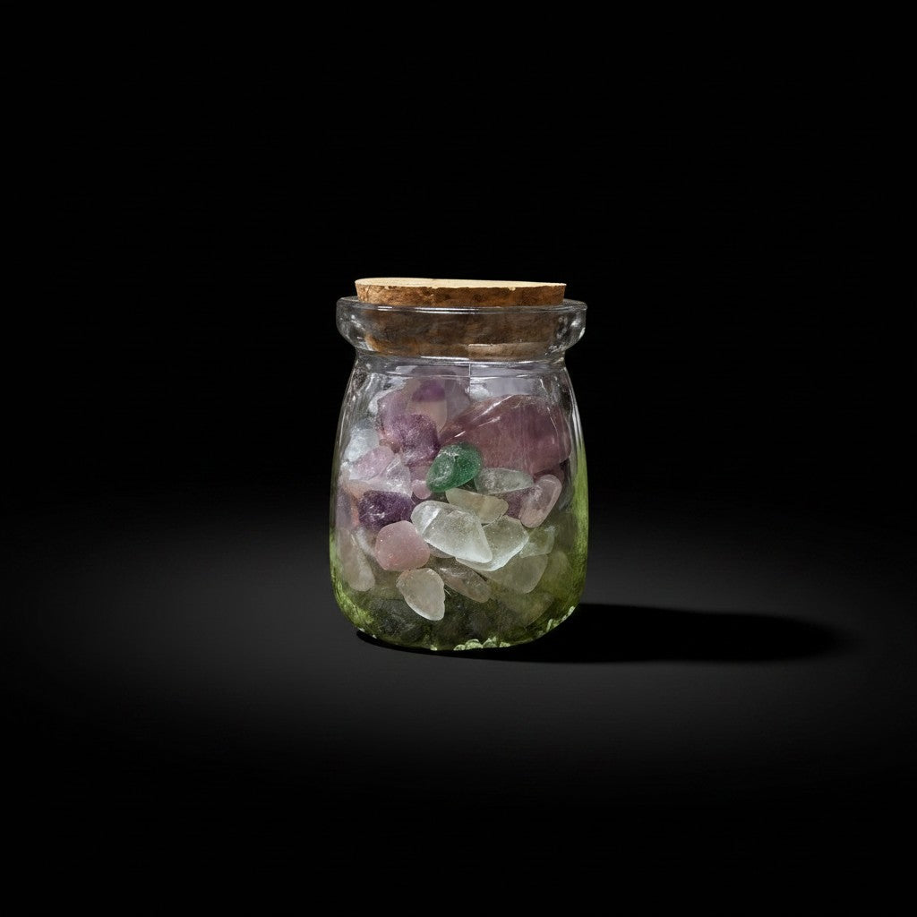 Zebra Industries, LLC corked glass jar filled with a colorful mix of tumbled mineral crystal chips on black background