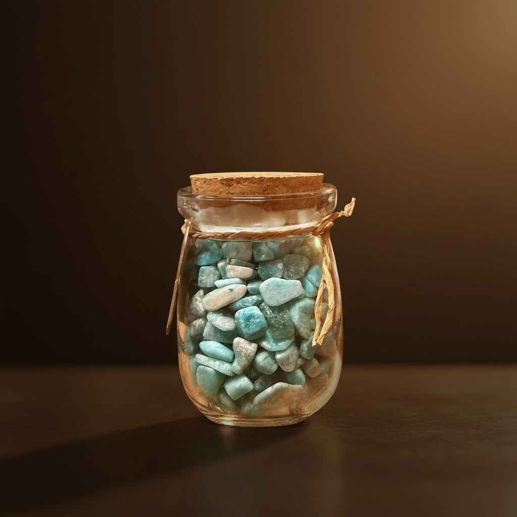Zebra Industries, LLC glass jar filled with smooth, tumbled teal amazonite and assorted mineral crystal chips.