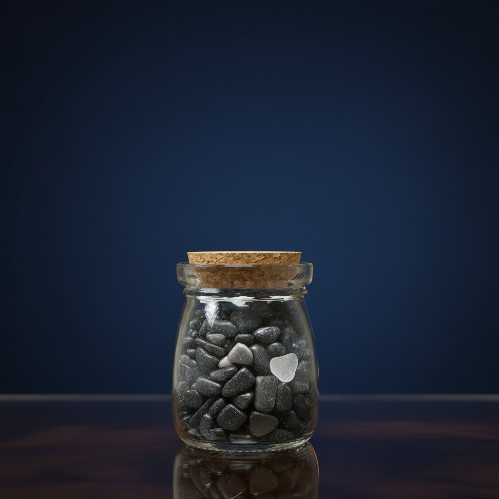 Zebra Industries, LLC corked glass jar filled with smooth tumbled black tourmaline and clear quartz crystal chips.