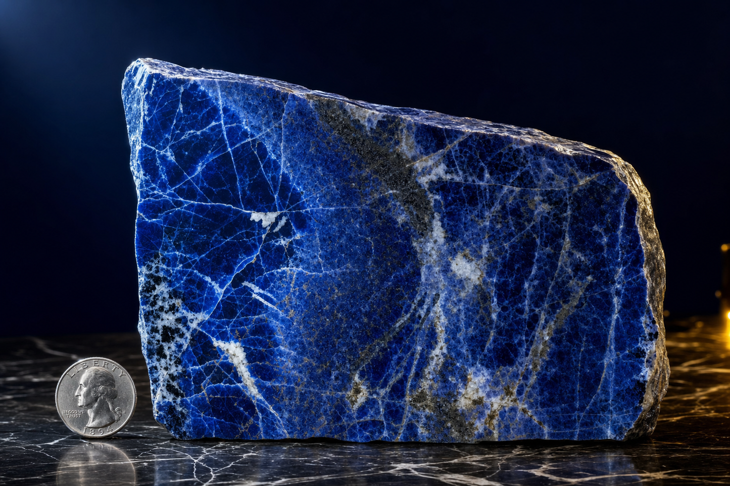 9.6 lb Sodalite Statement Slab — scale reference with US quarter on dark Marquina marble, gallery editorial lighting