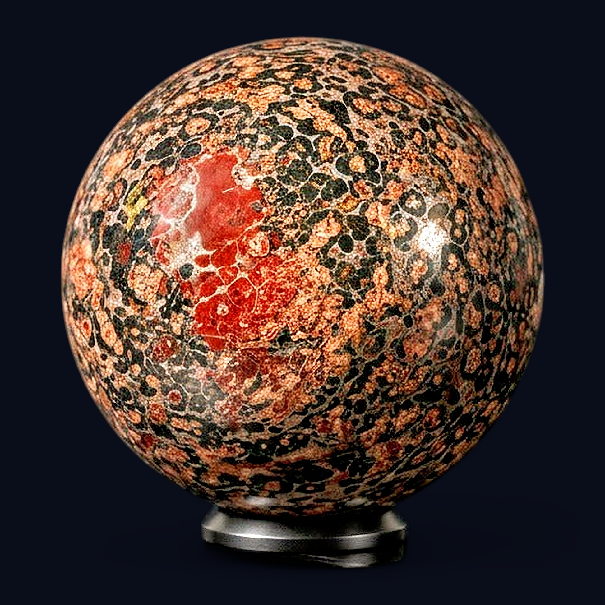 zExclusive Leopard Skin Jasper Polished Sphere — Dark Matrix with Orbicular Reddish-Tan Inclusions