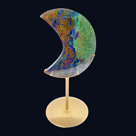 zExclusive Azurite-Malachite Crescent Moon Carving — Polished Mineral Specimen
