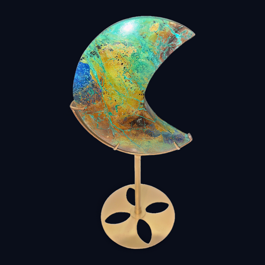 zExclusive Chrysocolla Malachite Azurite Crescent Moon Carving — Polished Mineral Specimen